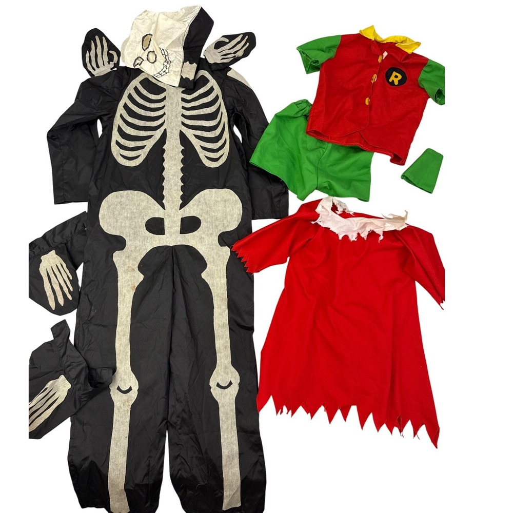 Vintage Halloween Costume 3pc Lot Skeleton Jumpsuit, Robin, Olive Oyl Homemade